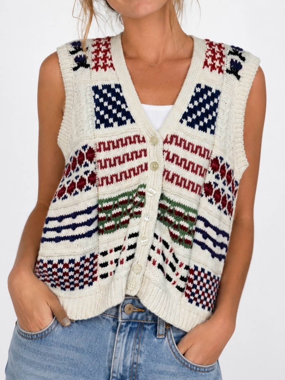 Vintage Chunky Knit Fair Isle Sweater Vest Nordic Button Front Cottagecore L